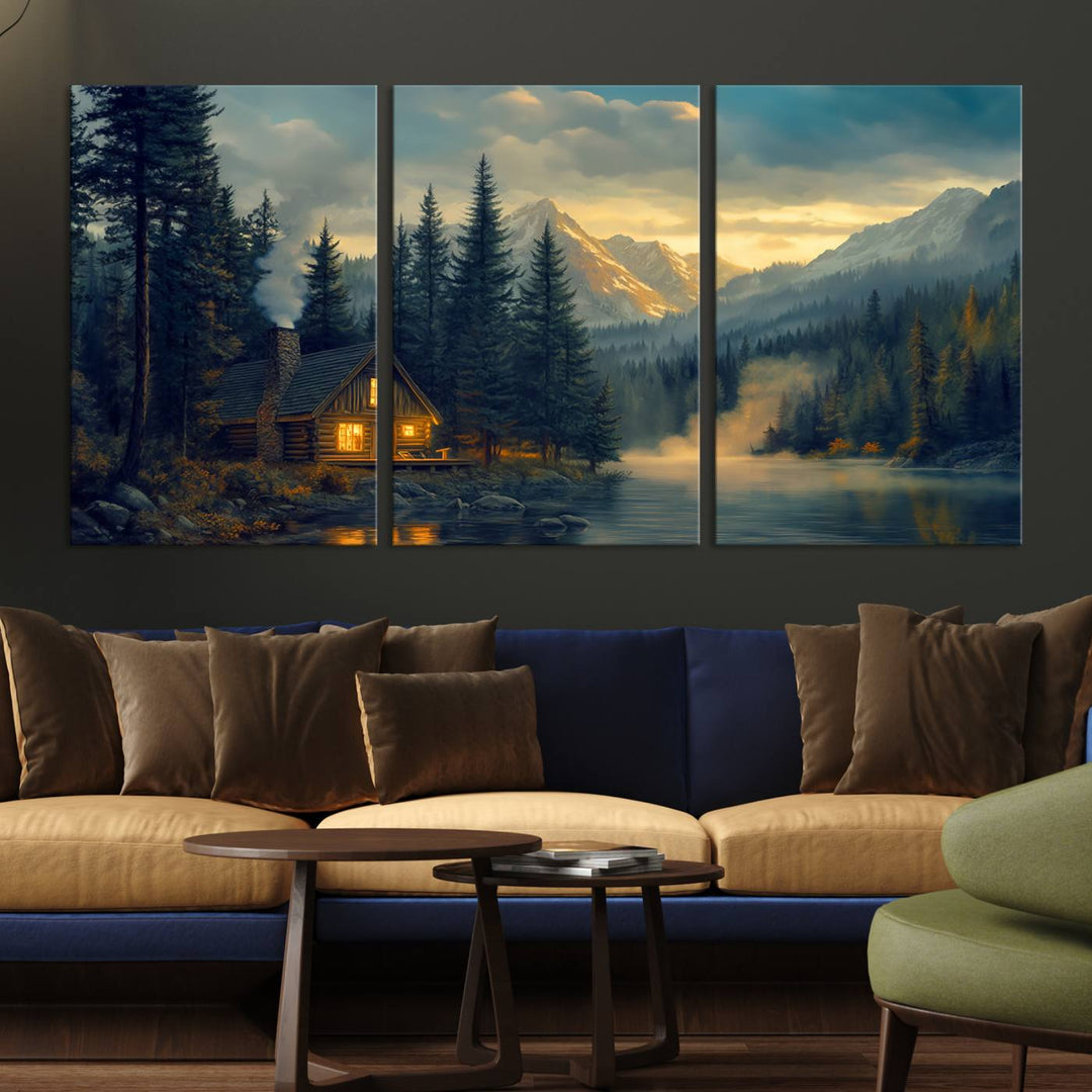 Mountain Cabin by the Lake at Sunset Wall Art - Serene Nature Canvas Print for Living Room Decor, Rustic Lodge Ambiance, 3-Panel Large Wall Art