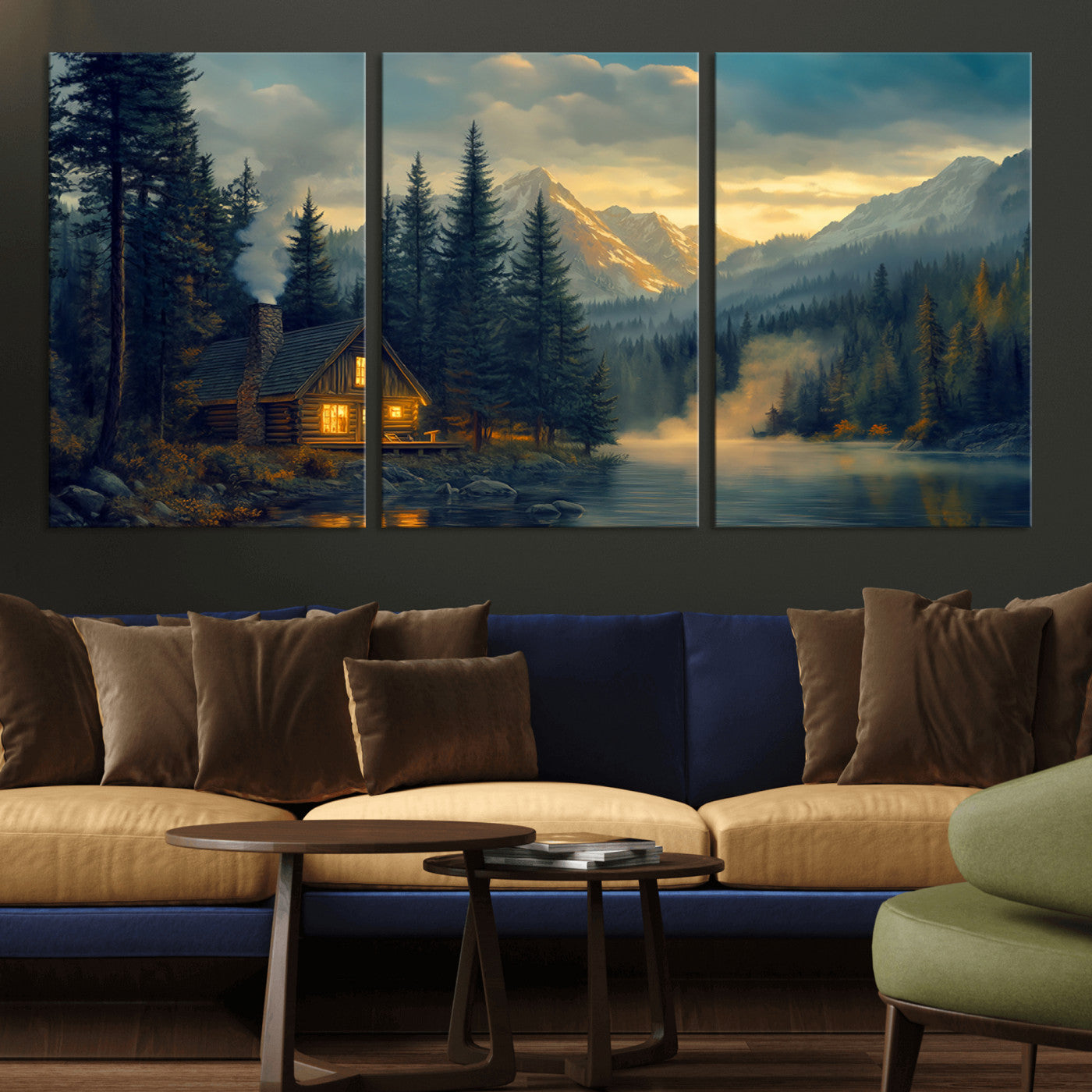 MGV-CV-60X30-3P - Mountain Cabin by the Lake at Sunset Wall Art - Serene Nature Canvas Print for Living Room Decor,