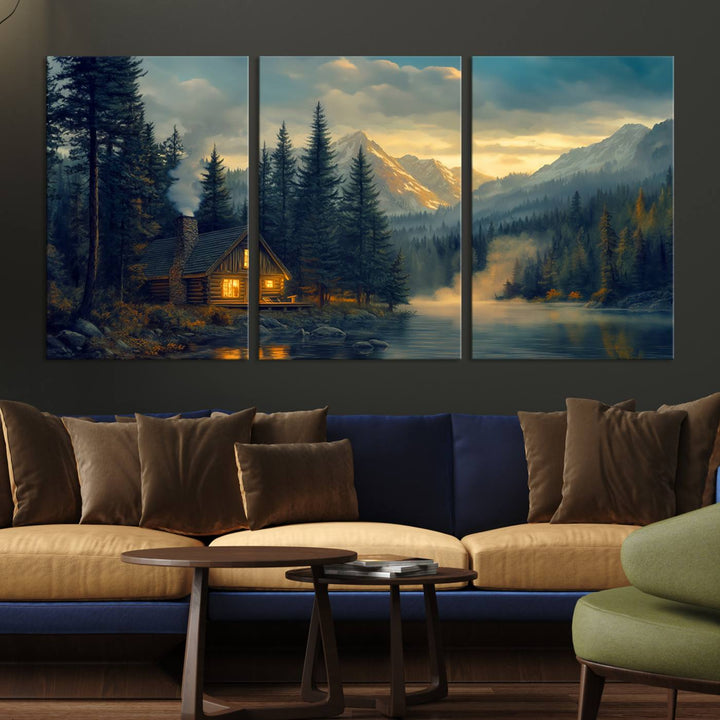 Mountain Cabin by the Lake at Sunset Wall Art - Serene Nature Canvas Print for Living Room Decor, Rustic Lodge Ambiance, 3-Panel Large Wall Art