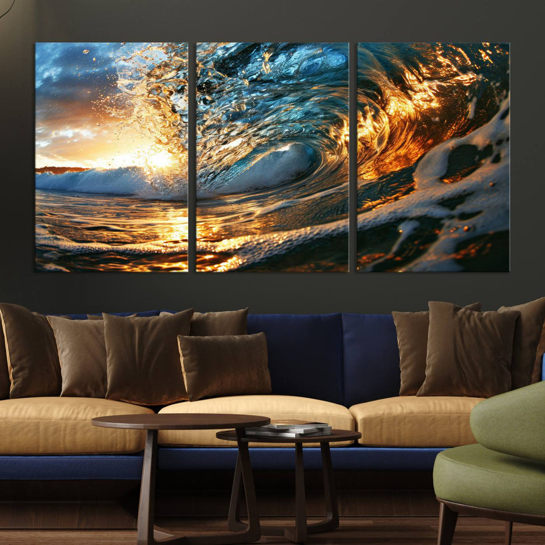 Ocean Wave at Sunset Wall Art | Ready to Hang Triptych Canvas Print | Coastal Wall Art for Living Room | Nautical and Beach House Decor