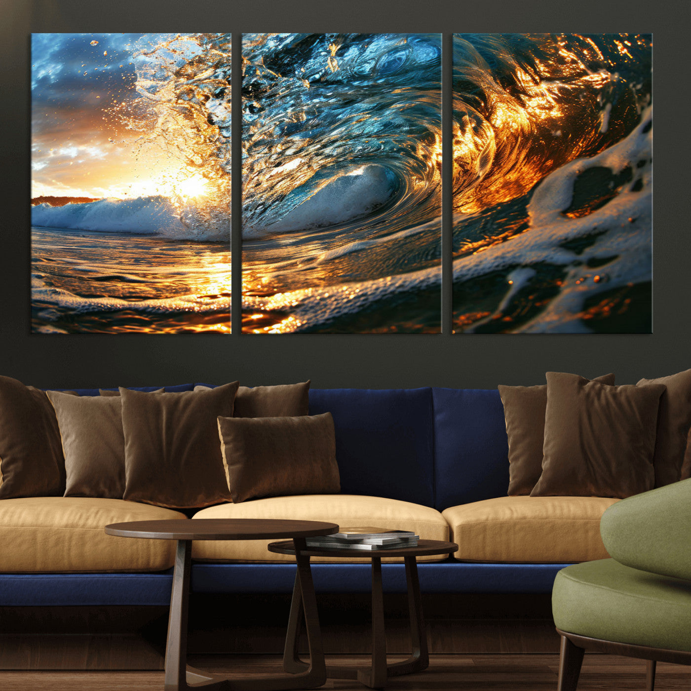 MGV-CV-60X30-3P - Ocean Wave at Sunset Canvas Wall Art – Vibrant Coastal Beach Waves Print, Large Nautical Decor,