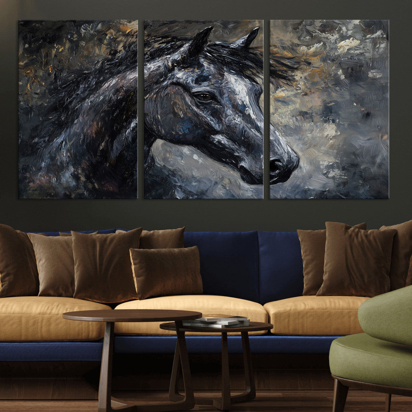 MGV-CV-60X30-3P - Large Abstract Horse Wall Art Canvas Print | Farmhouse Wall Decor | Rustic Horse Art | Western Cabin