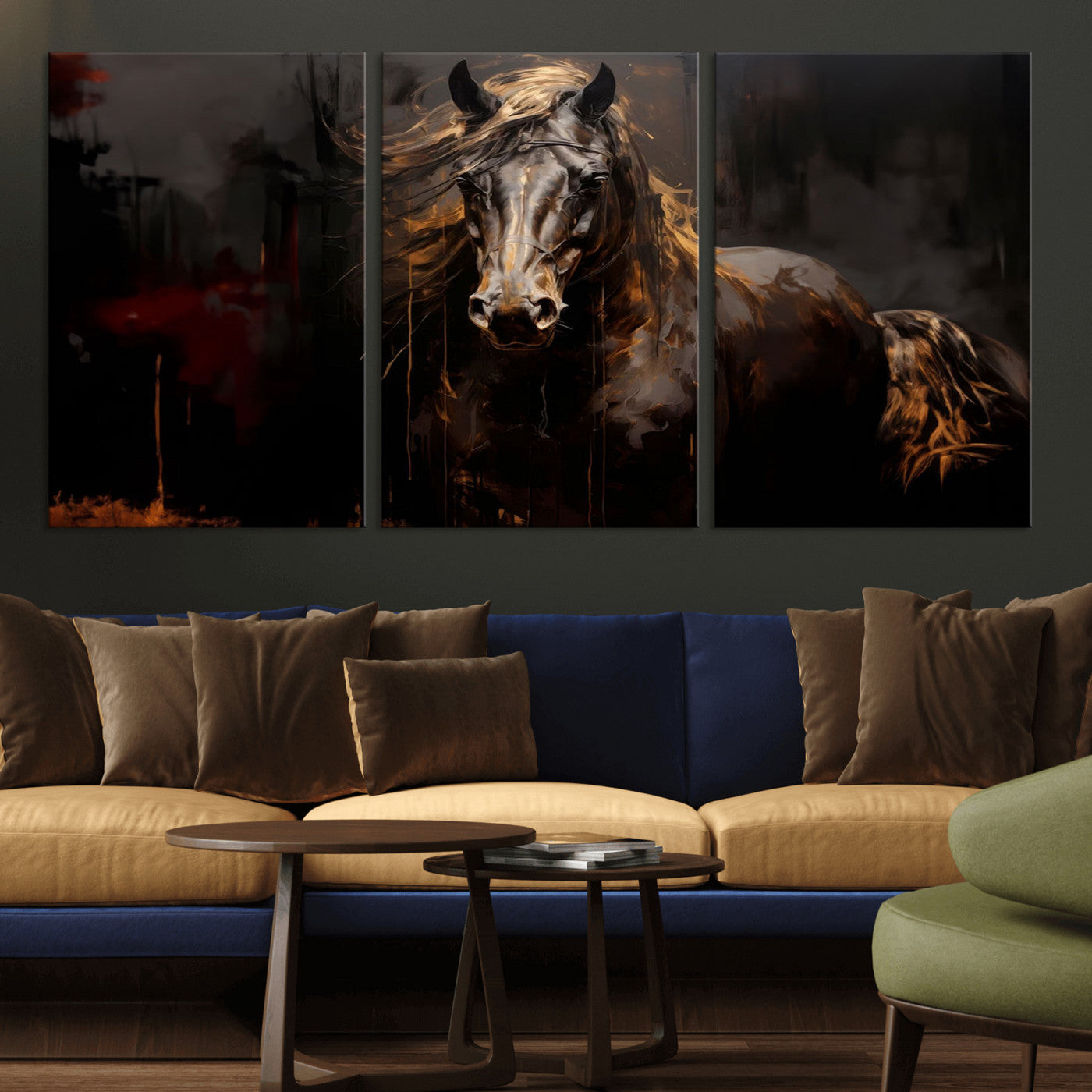 MGV-CV-60X30-3P - Abstract Black Horse Canvas Print for Farmhouse Wall Art | Abstract Equine Wall Art | Western Decor