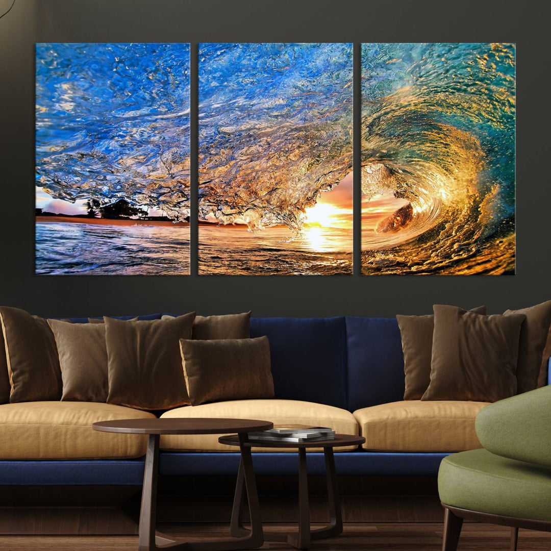 Ocean Wave at Sunset Canvas Print | Large Coastal Ocean Wall Art Print | Vibrant Beach Waves Art Print | Surf Lover Gift | Nautical Decor