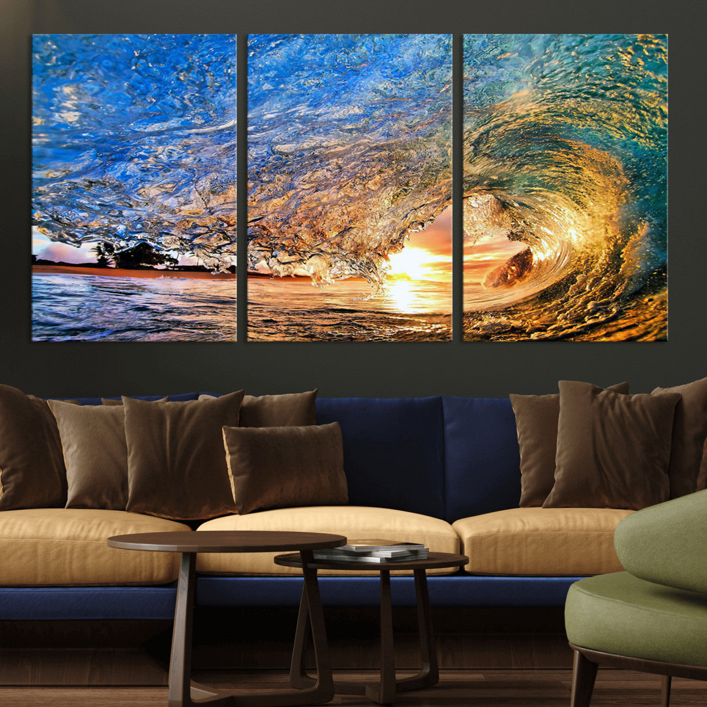 MGV-CV-60X30-3P - Ocean Wave at Sunset Canvas Wall Art – Vibrant Coastal Beach Waves Print, Large Nautical Decor,