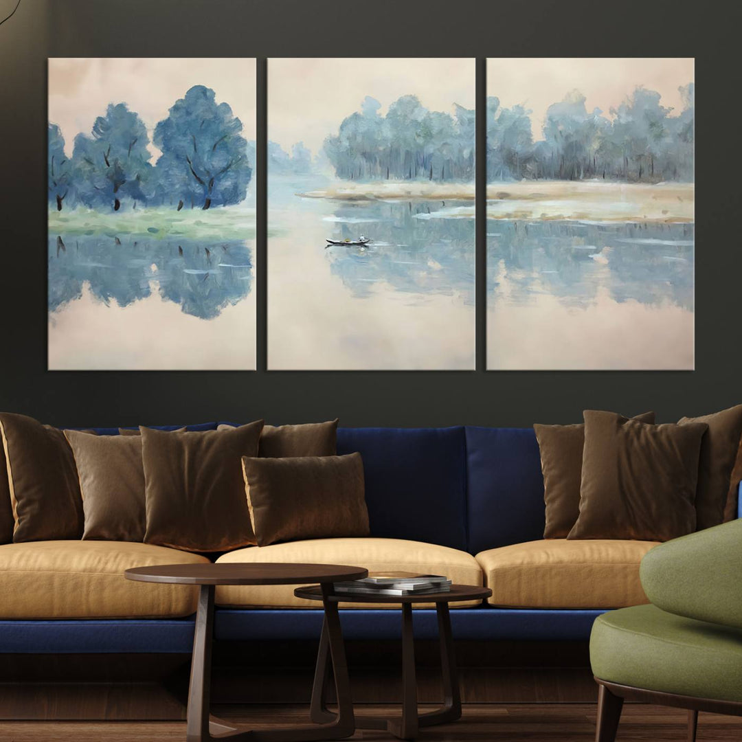 Landscape Printing Lake and Boat Scene | Serene Landscape Wall Art for Nature Lovers | Ready to Hang Triptych Canvas Print | Peaceful Blue Trees and Water Reflection Decor