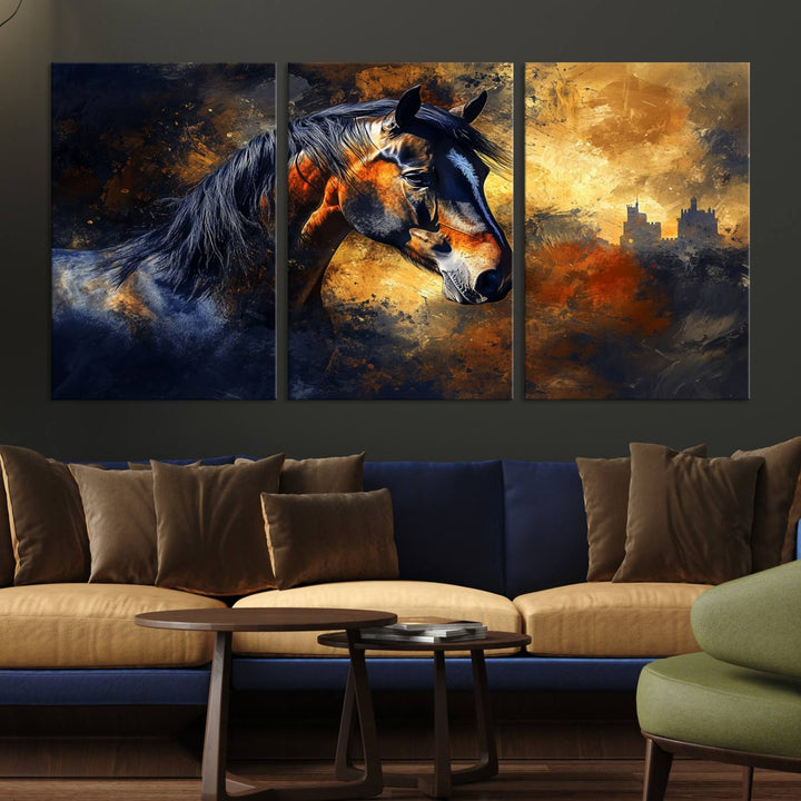 Abstract Horse Art Print on canvas, featuring a colorful background, perfect for rustic farmhouse or equestrian decor.