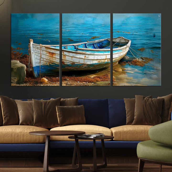 Vintage boat on tranquil waters—rustic triptych canvas print ideal for nautical or coastal wall art.