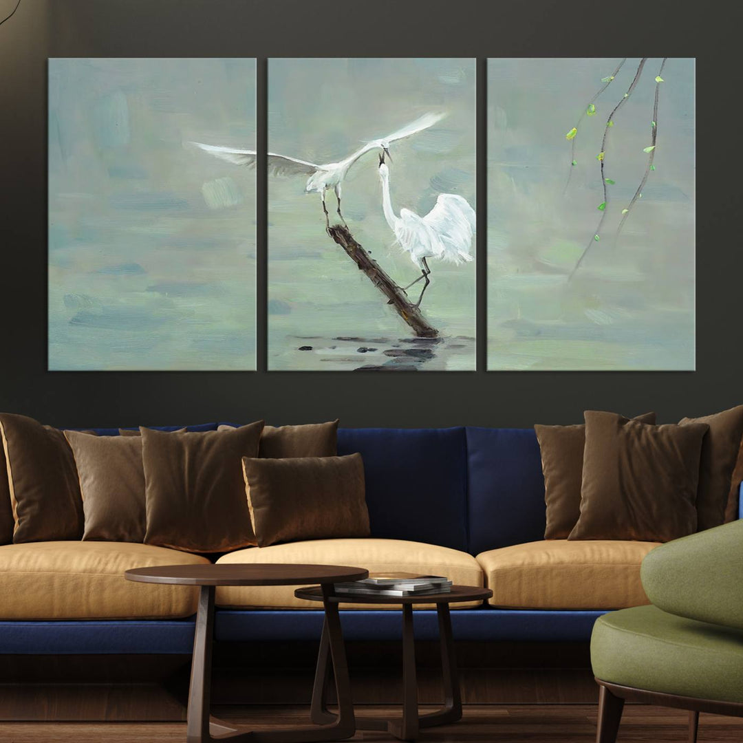 Elegant White Herons on Calm Waters | Coastal Wall Art for Nature-Inspired Decor | Serene Triptych Canvas Print | Ready to Hang Bird-Themed Art for Home Decor