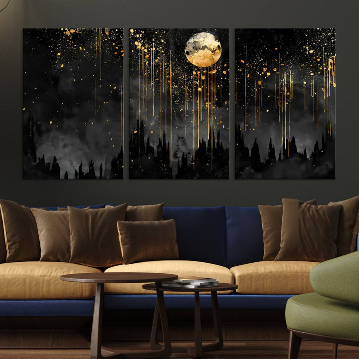 Gold Moon and Black Skyline Abstract Wall Art | Dark Modern Canvas Print with Dripping Gold Accents | Triptych Contemporary Homes