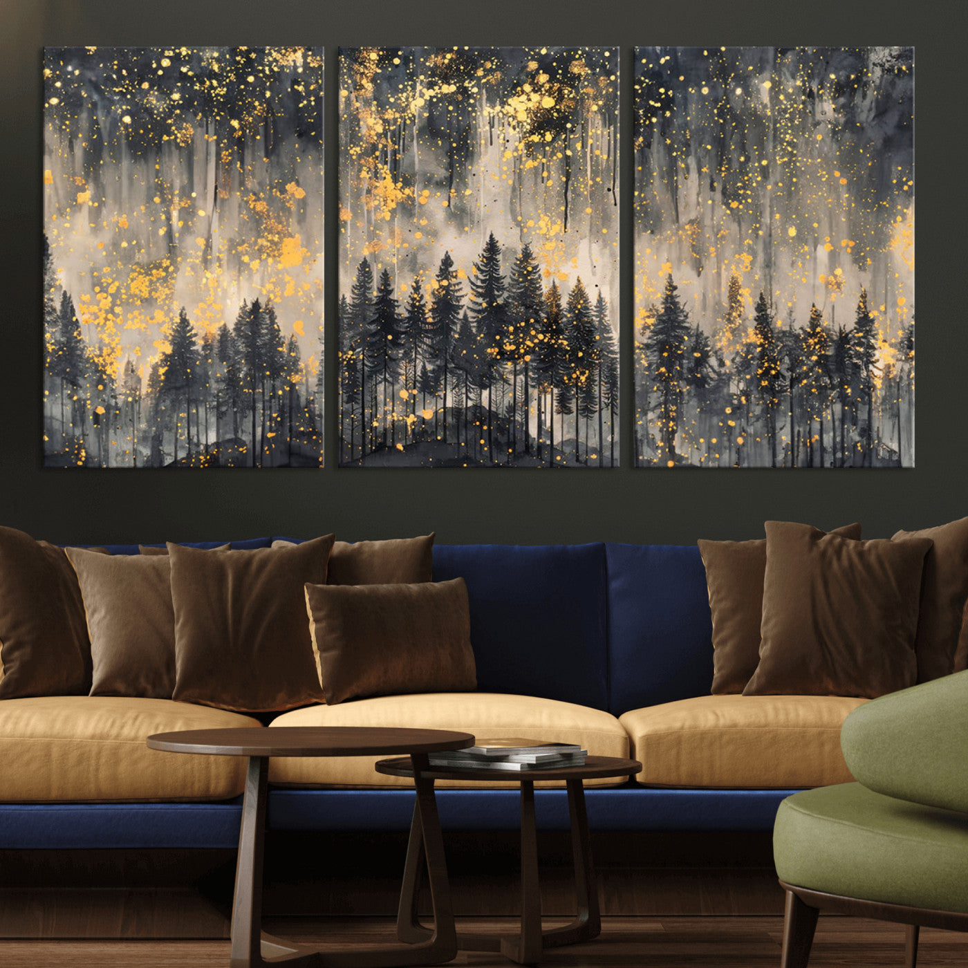 MGV-CV-60X30-3P - Golden Forest Abstract Wall Art | Dark Forest with Gold Splatter Accents | Triptych Ready to Hang