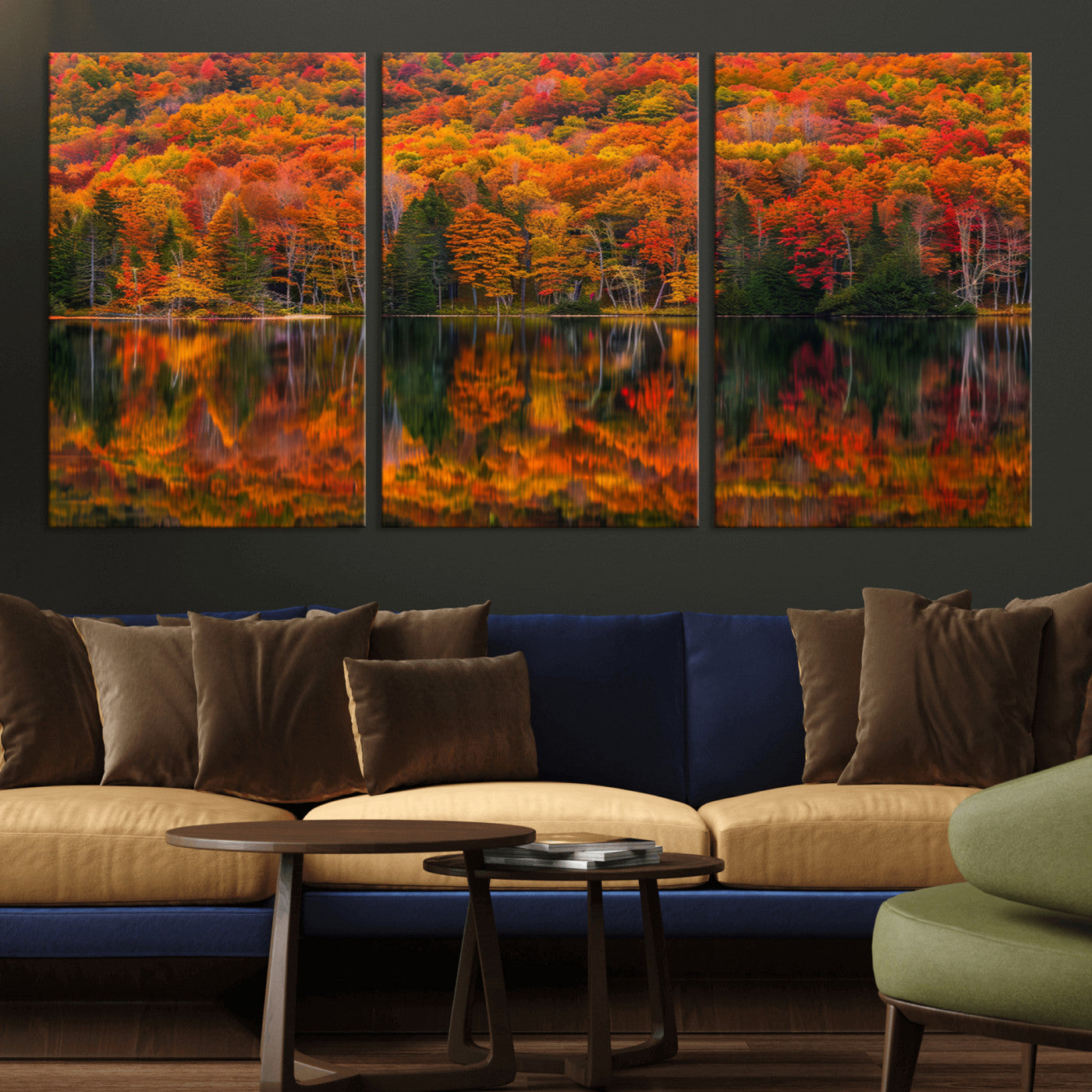 MGV-CV-60X30-3P - Fall Foliage Wall Art - Autumn Reflection Canvas Print, Stunning Fall Foliage Wall Art, Serene Lake