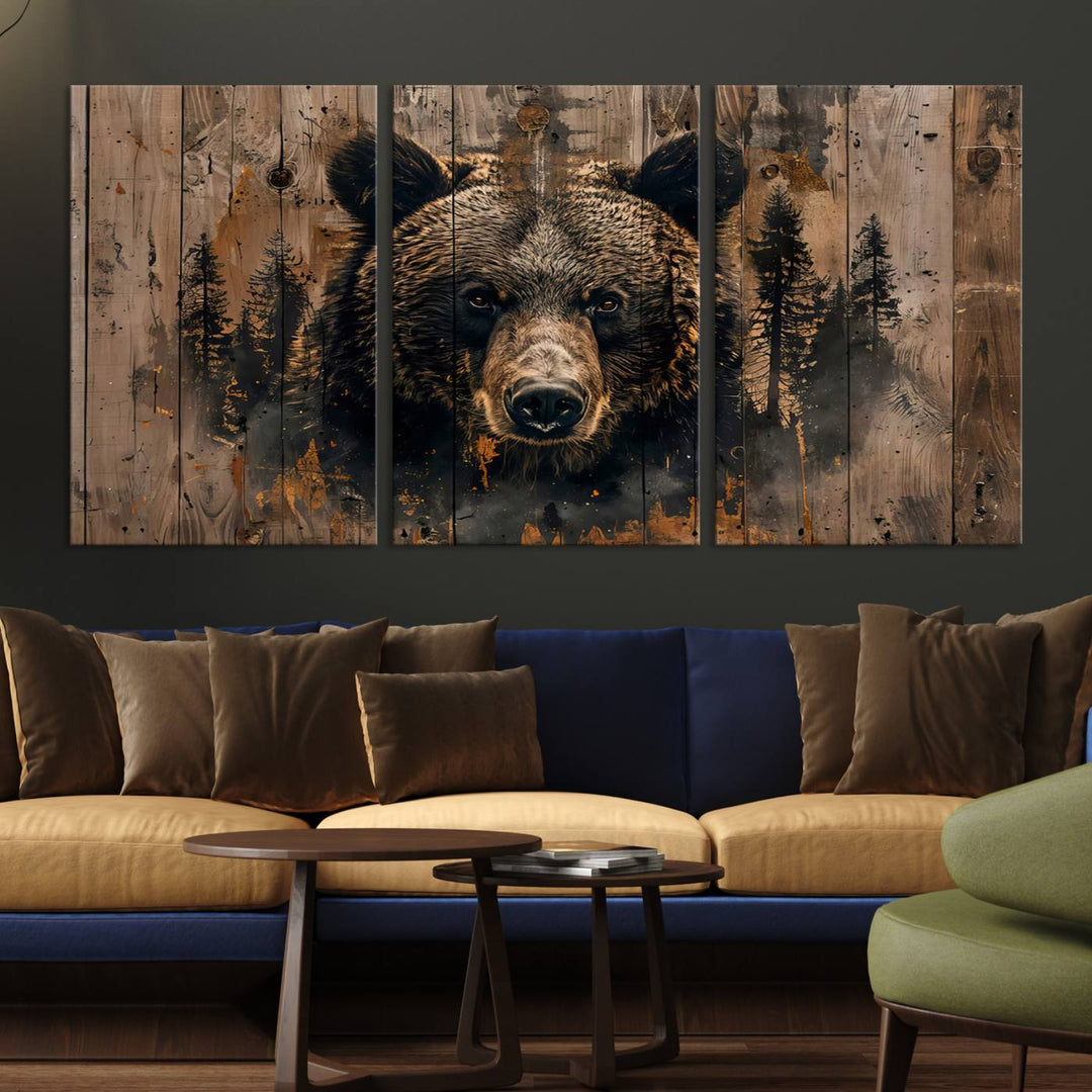 Rustic Bear Wall Art | Triptych Canvas Print | Rustic Cabin Wall Decor | Forest-Inspired Animal Art | Perfect for Farmhouse or Woodland Print