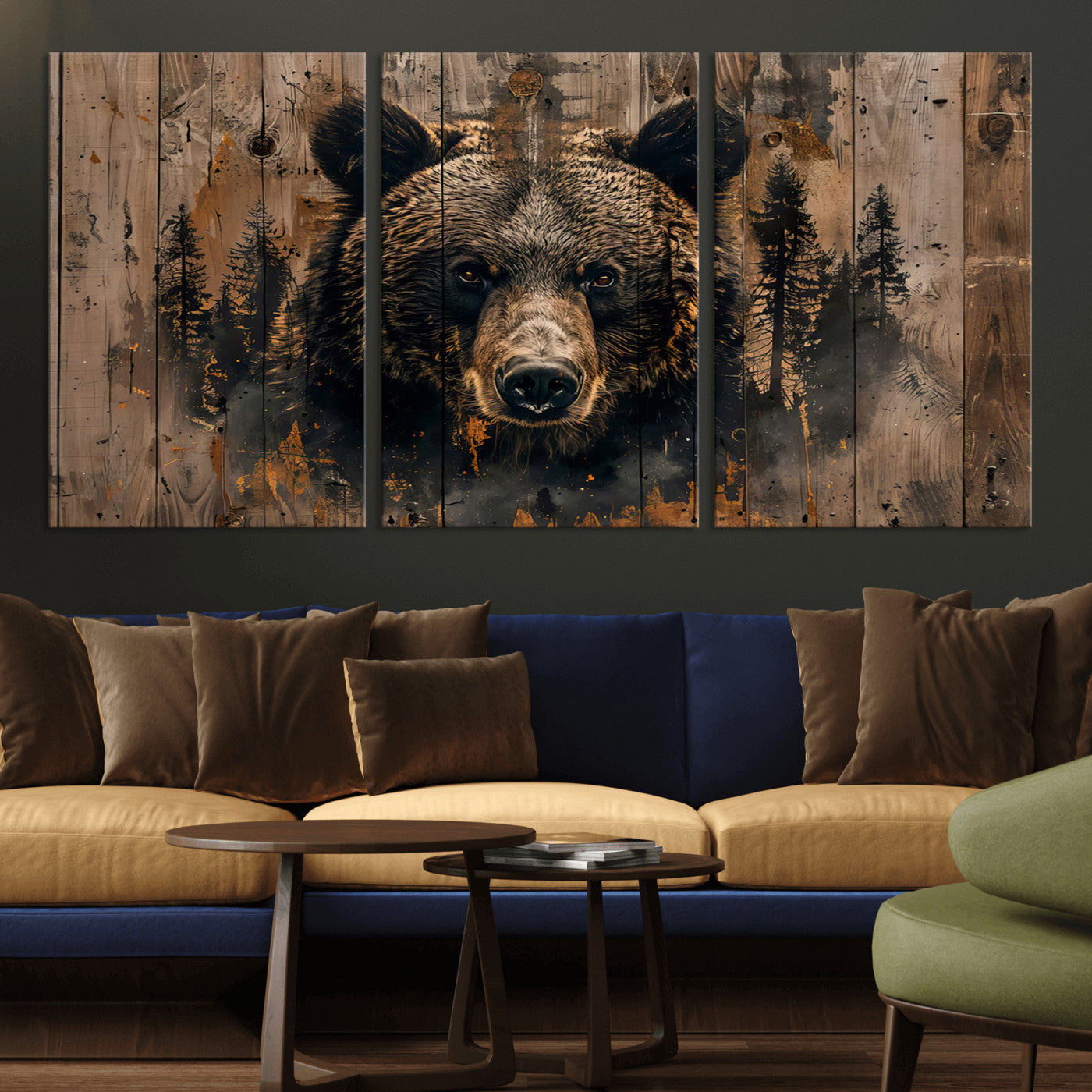 MGV-CV-60X30-3P - Rustic Grizzly 399 Wall Art | Triptych Canvas Print | Rustic Cabin Wall Decor | Perfect for