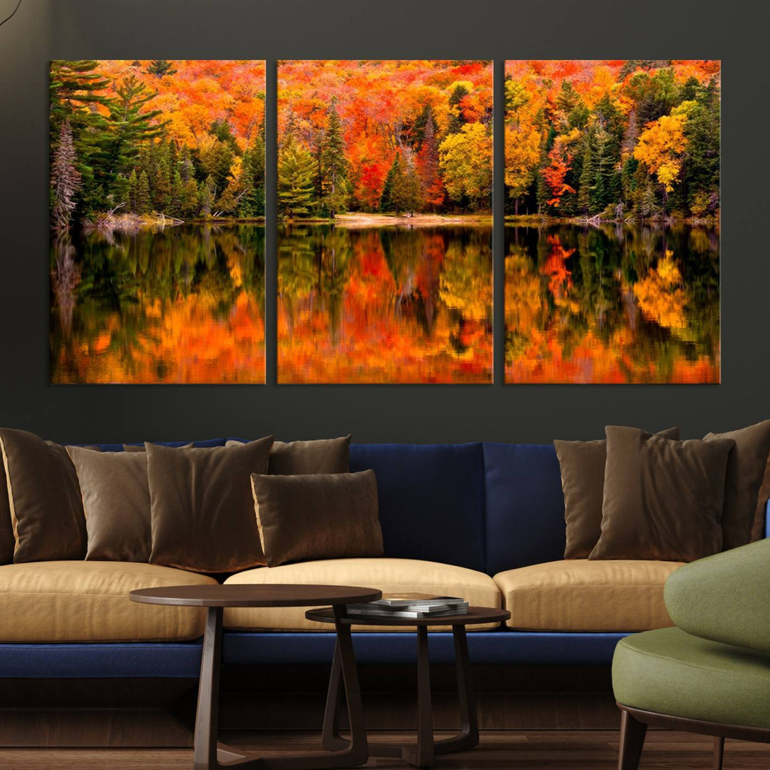 Autumn Forest Reflection Wall Art | Triptych Canvas Print | Vibrant Fall Foliage Wall Decor | Nature-Inspired Cabin Wall Art for Living Room