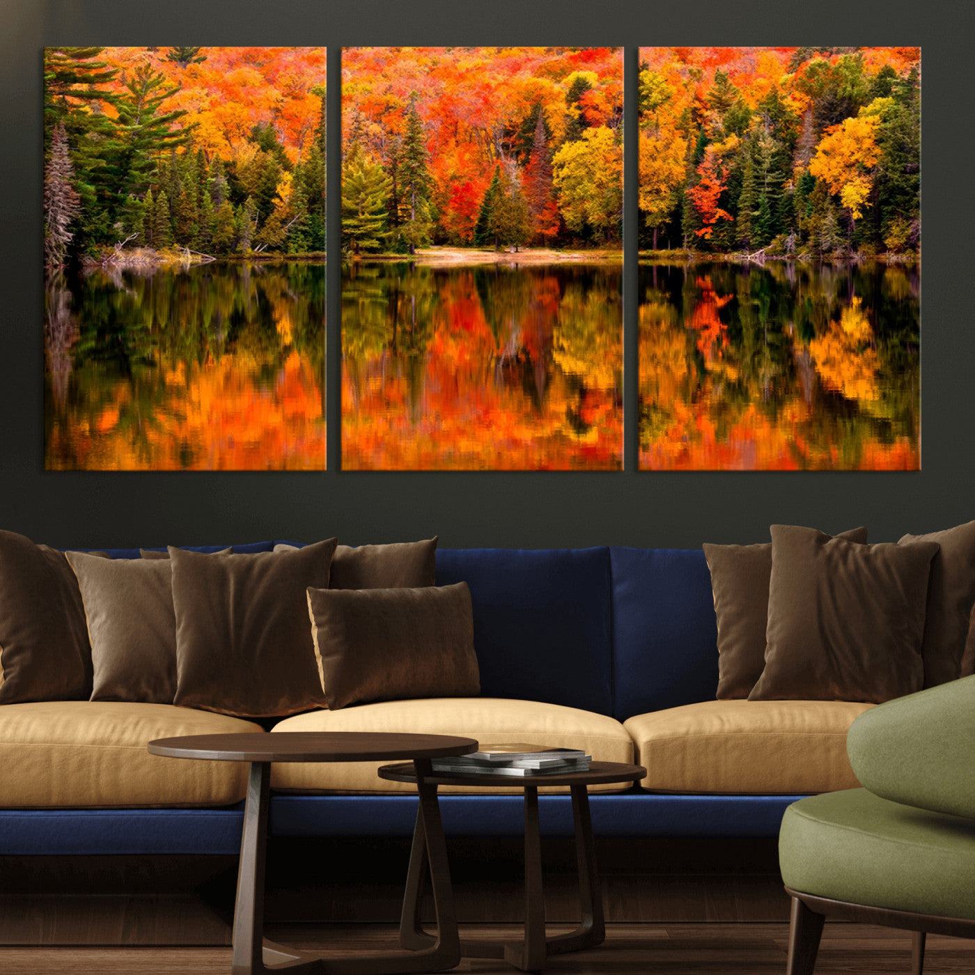 MGV-CV-60X30-3P - Forest Reflection Art | Autumn Forest Reflection Wall Art | Triptych Canvas Print | Vibrant Fall