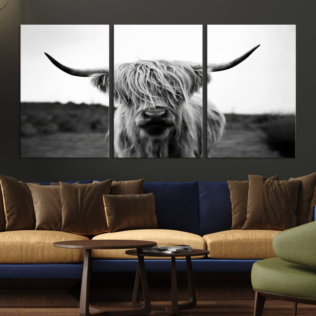 Highland Cow Wall Art | Black and White Farmhouse Decor | Ready to Hang Triptych Canvas Print | Rustic Barn Decor | Scottish Highland Cattle Art Print