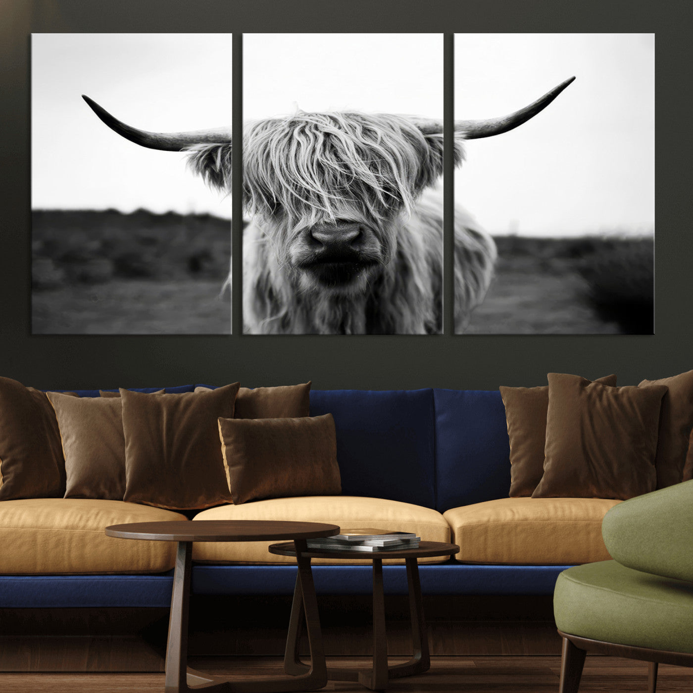 MGV-CV-60X30-3P - Highland Cow Wall Art | Black and White Farmhouse Decor | Triptych Canvas Print | Rustic Barn Decor