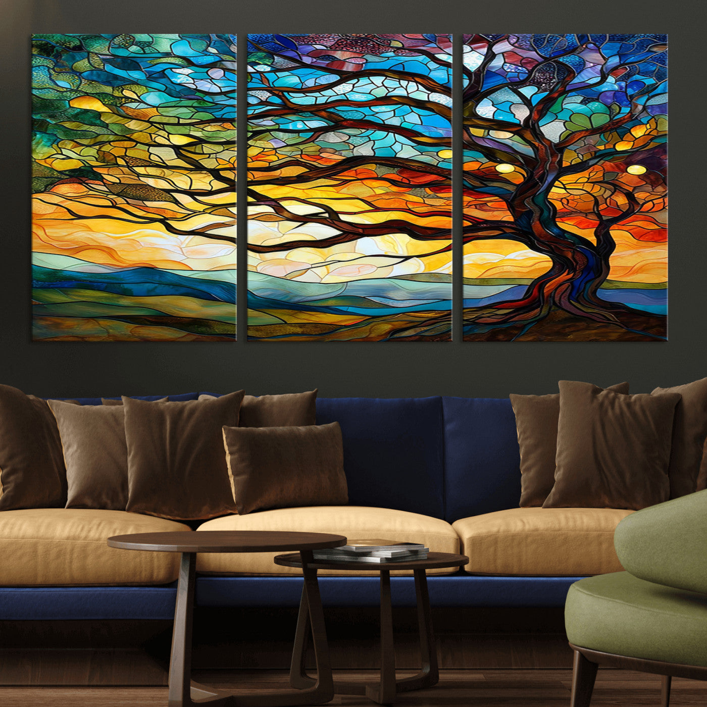 MGV-CV-60X30-3P - Vibrant Mosaic Tree of Life Wall Art | Stained Glass Style Canvas Print | Ready to Hang Artistic
