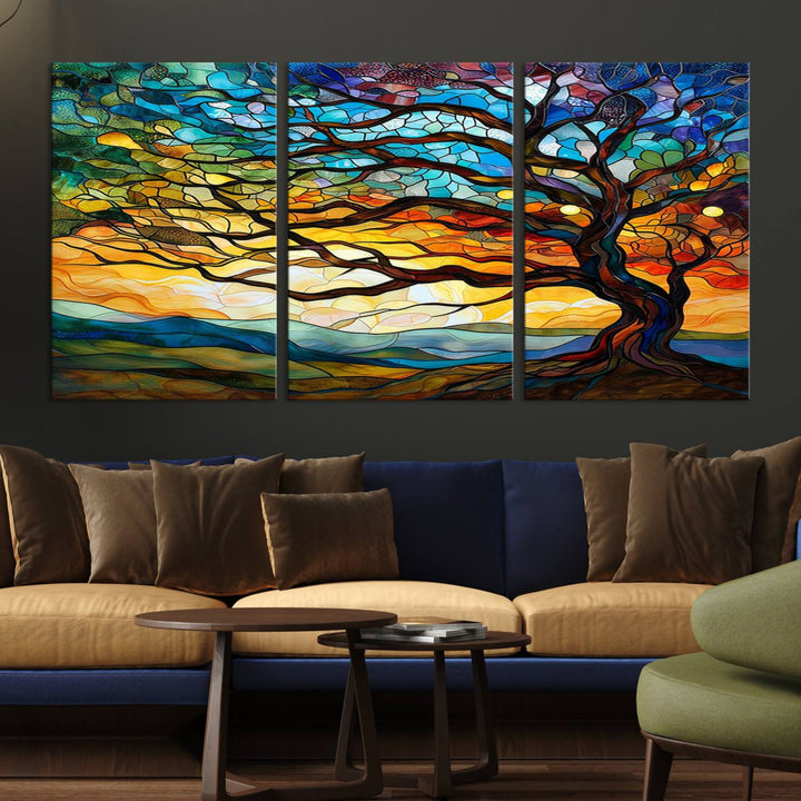 Vibrant Mosaic Tree of Life Wall Art | Stained Glass Style Canvas Print | Ready to Hang Artistic Decor