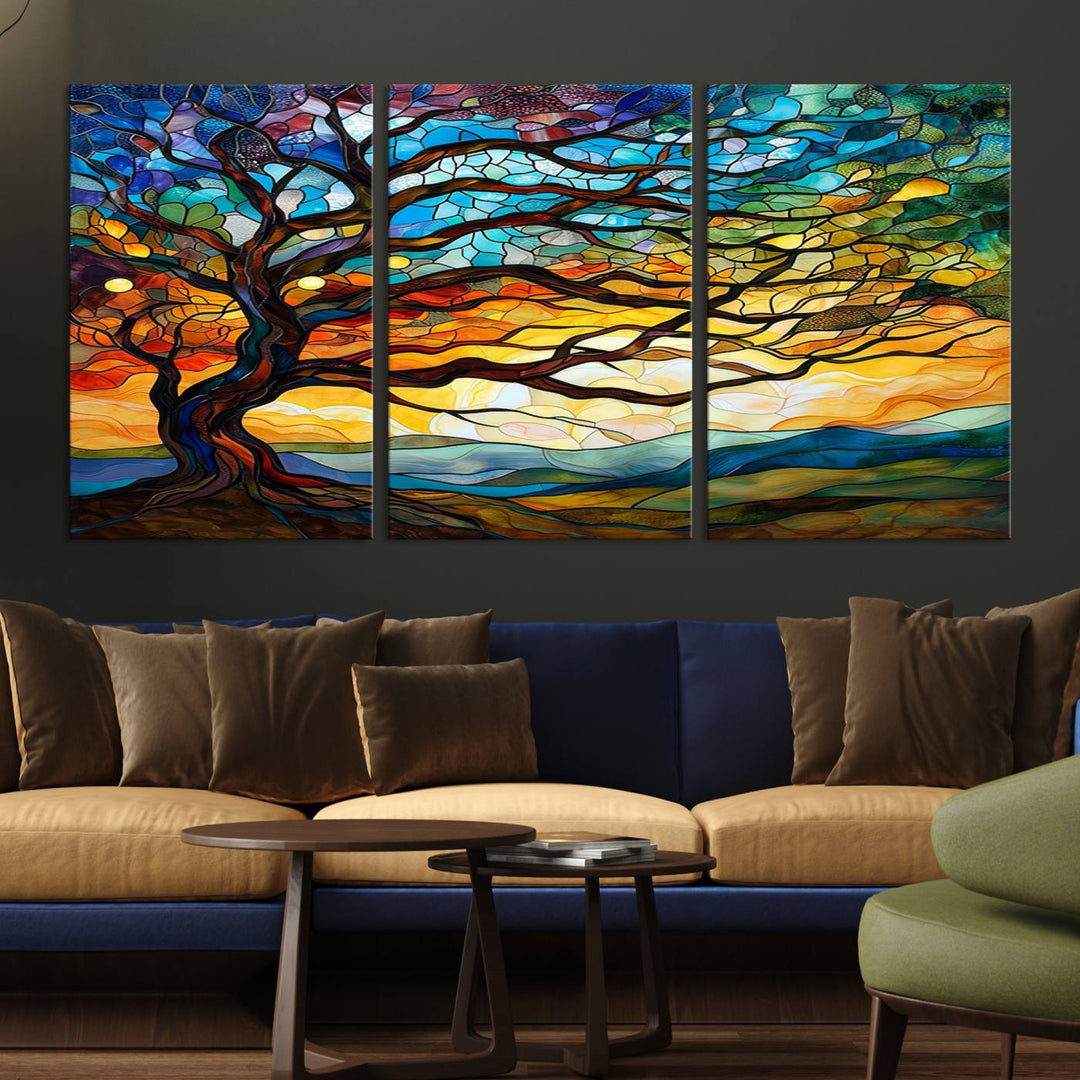 Mosaic Tree Wall Art | Ready to Hang Stained Glass Style Canvas Print | Farmhouse Wall Decor, Cabin Wall Art, and Unique Nature Home Decor