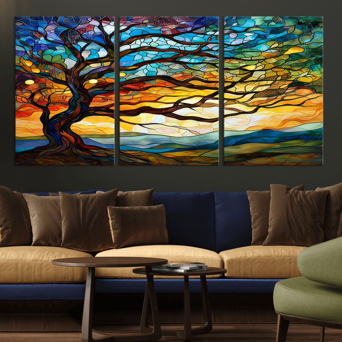 MGV-CV-60X30-3P - Mosaic Tree Wall Art | Ready to Hang Stained Glass Style Canvas Print | Farmhouse Wall Decor, Cabin