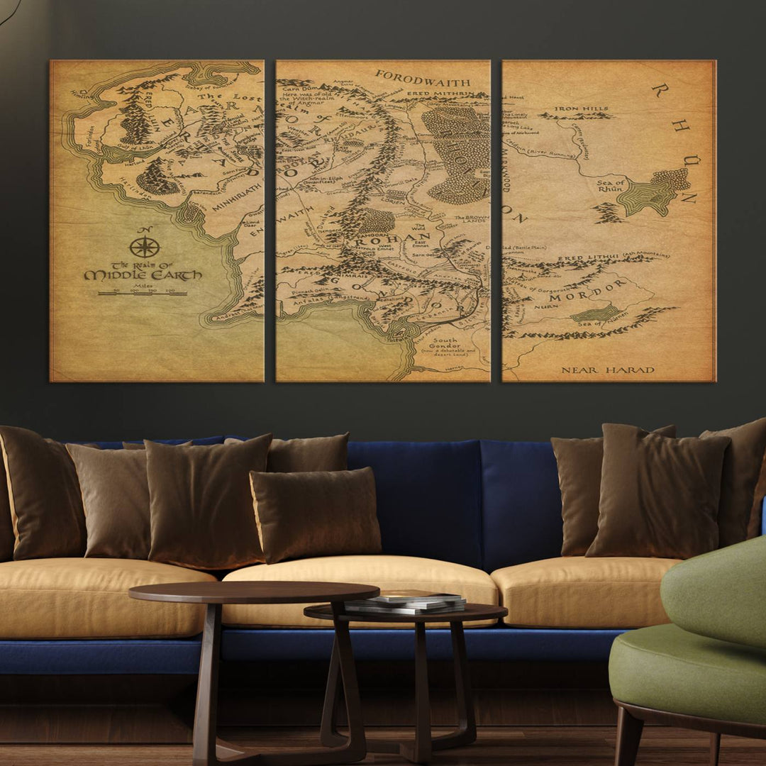 Vintage J.R.R. Tolkien Middle-Earth Map 3 Panel Canvas, perfect as wall art for home or office decor.
