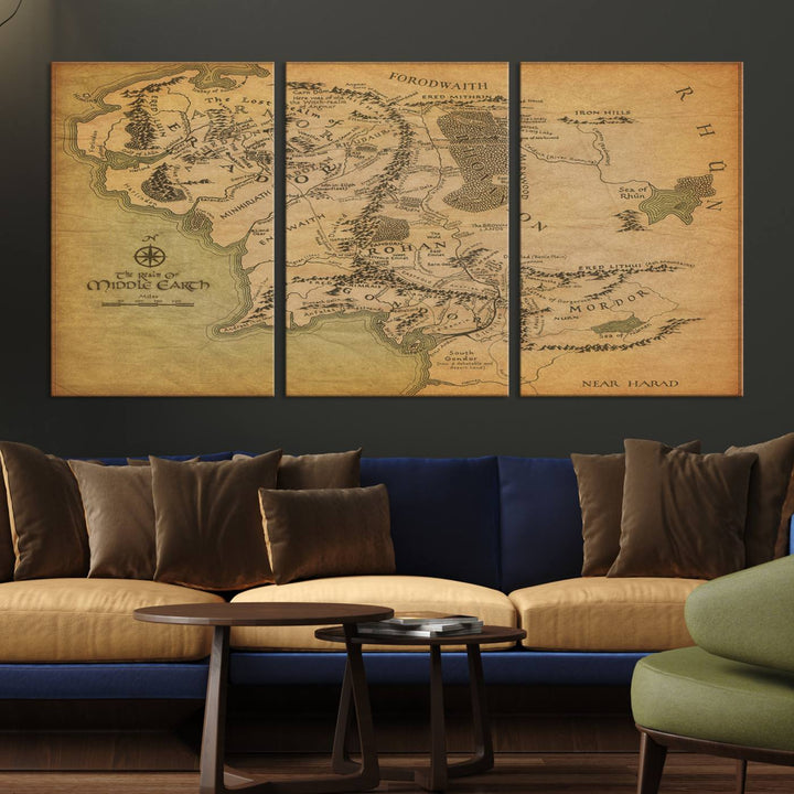 Vintage J.R.R. Tolkien Middle-Earth Map 3 Panel Canvas, perfect as wall art for home or office decor.