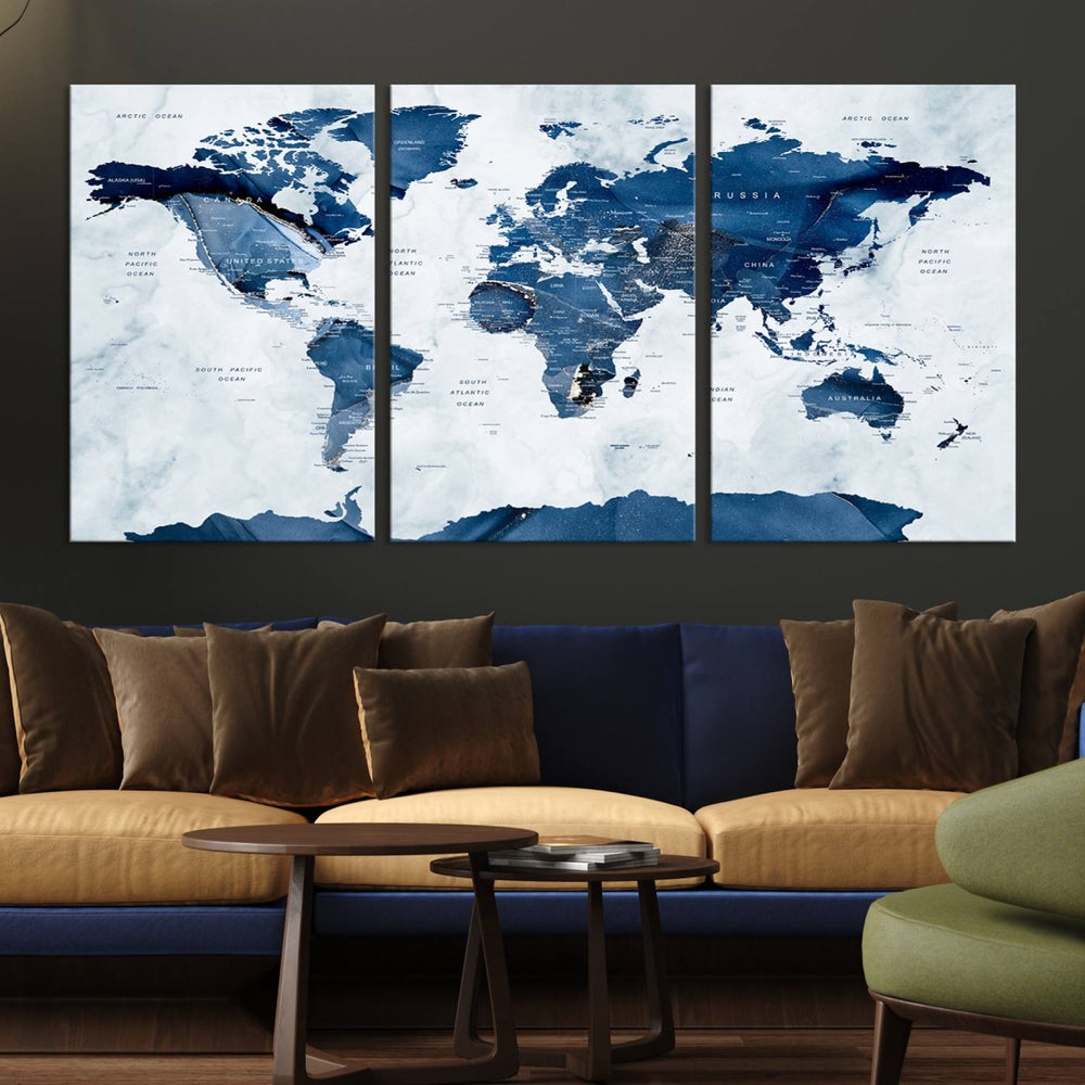 Navy Blue World Map with Antarctica Canvas: A perfect abstract home decor piece featuring a grunge-stained background.