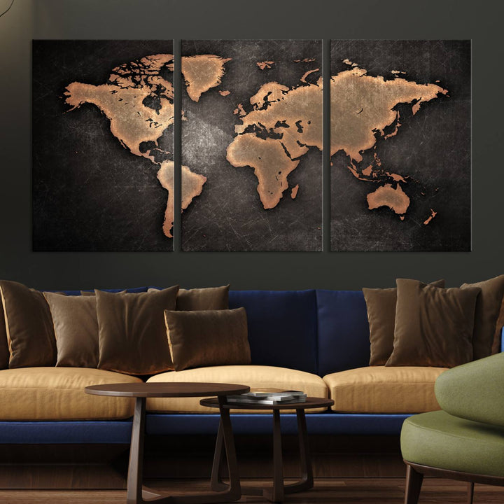 Maroon World Map Wall Art: Copper continents on a grunge-stained canvas, ideal for enhancing your decor.