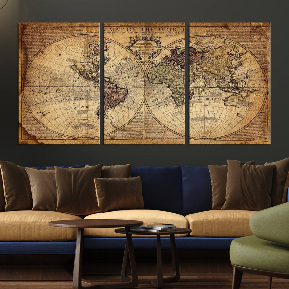 The wall art is a vintage world map canvas, featuring antique-inspired decor.