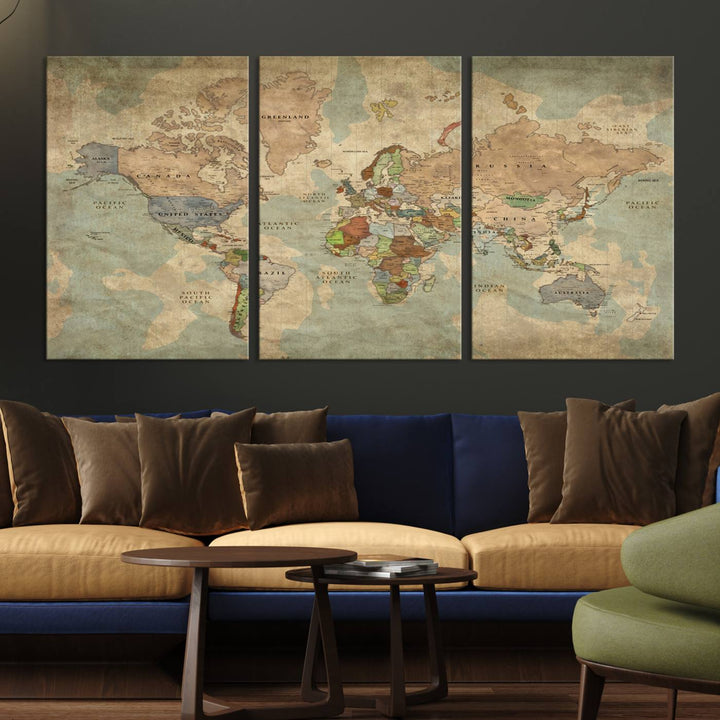 Vintage World Map Canvas Wall Art – Antique Triptych Map Print – Rustic Global Decor for Living Room or Office – Ready to Hang