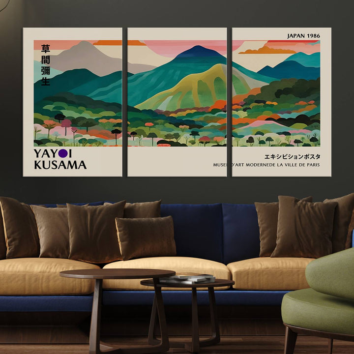 Vibrant abstract world map print featuring mountains and trees, including the text Yayoi Kusama and Japan 1986.