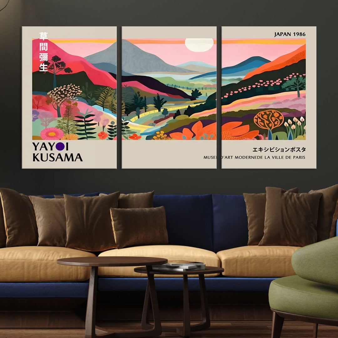 Vibrant abstract landscape canvas inspired by Yayoi Kusama, featuring mountains, trees, and flowers in a triptych style.