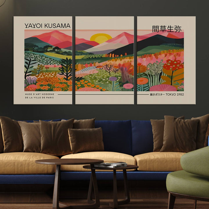 A vibrant abstract triptych features mountains, a sun, and plants in Yayoi Kusamas style with Japanese and French text included.