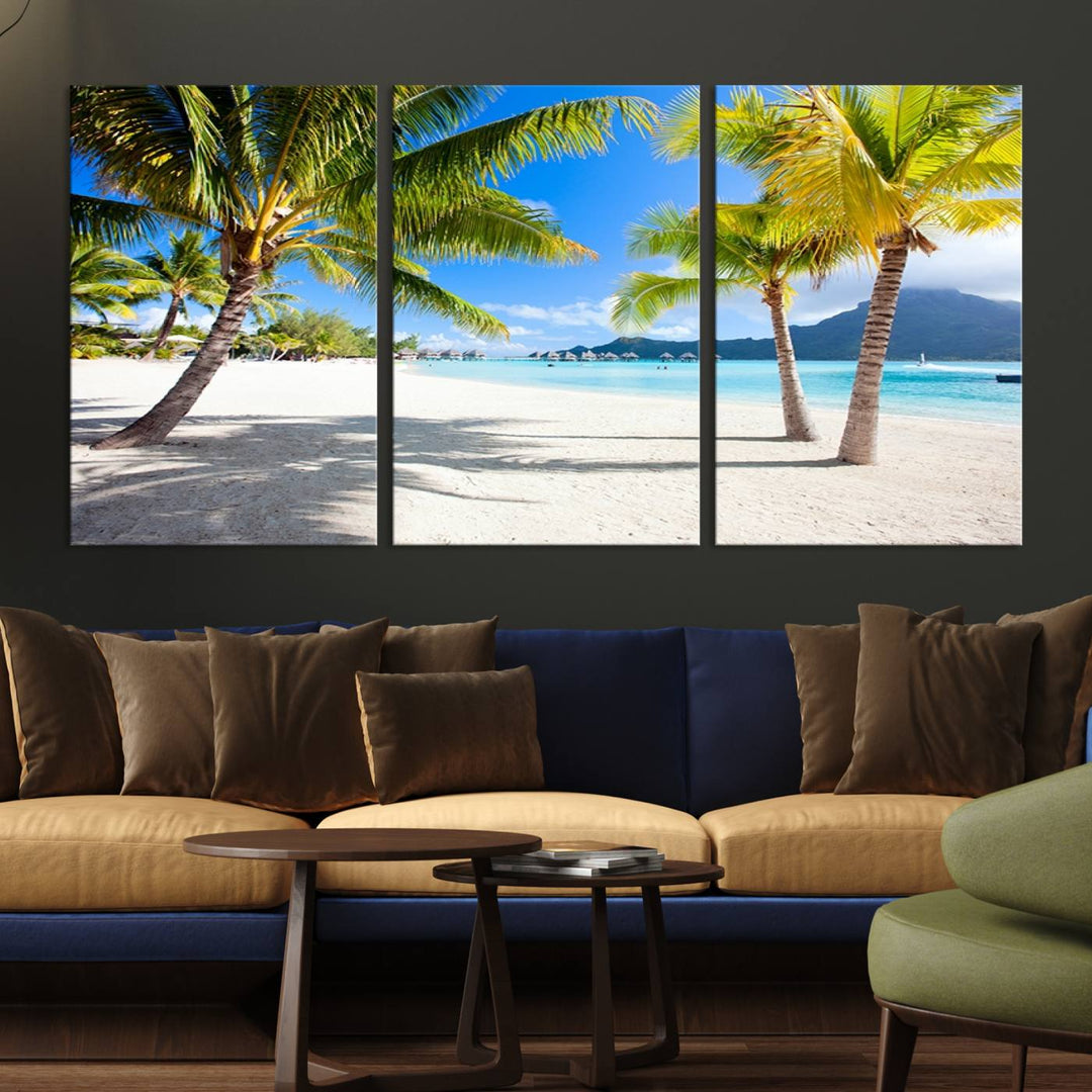 Blue Beach and Sea Wall Art Canvas Print: showcases a tropical scene with palm trees, white sand, and turquoise water.