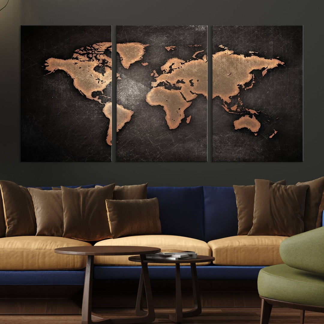 The Modern World Map on a metallic black canvas creates a striking effect.