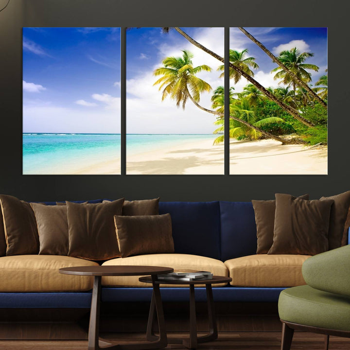 Tropical Beach Canvas: Palm Trees & White Sand Shore Decor, Vibrant Coastal Print, Ready to Hang.