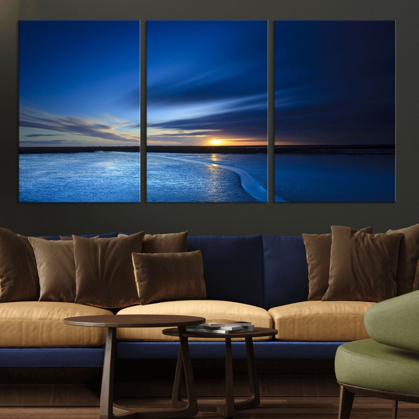 MGV-CV-60X30-3P - Blue Sunset Ocean Canvas Wall Art Print – Serene Coastal Horizon Wall Decor for Home or Office –