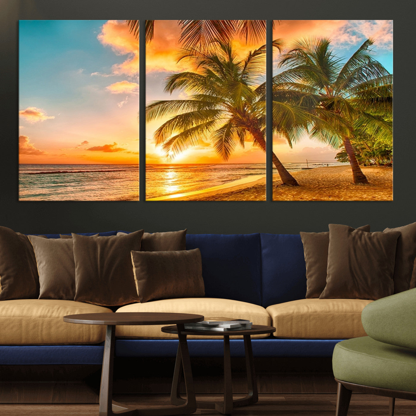 MGV-CV-60X30-3P - Tropical Sunset Beach Canvas Wall Art Print – Vibrant Palm Trees and Coastal Sunset Wall Decor for