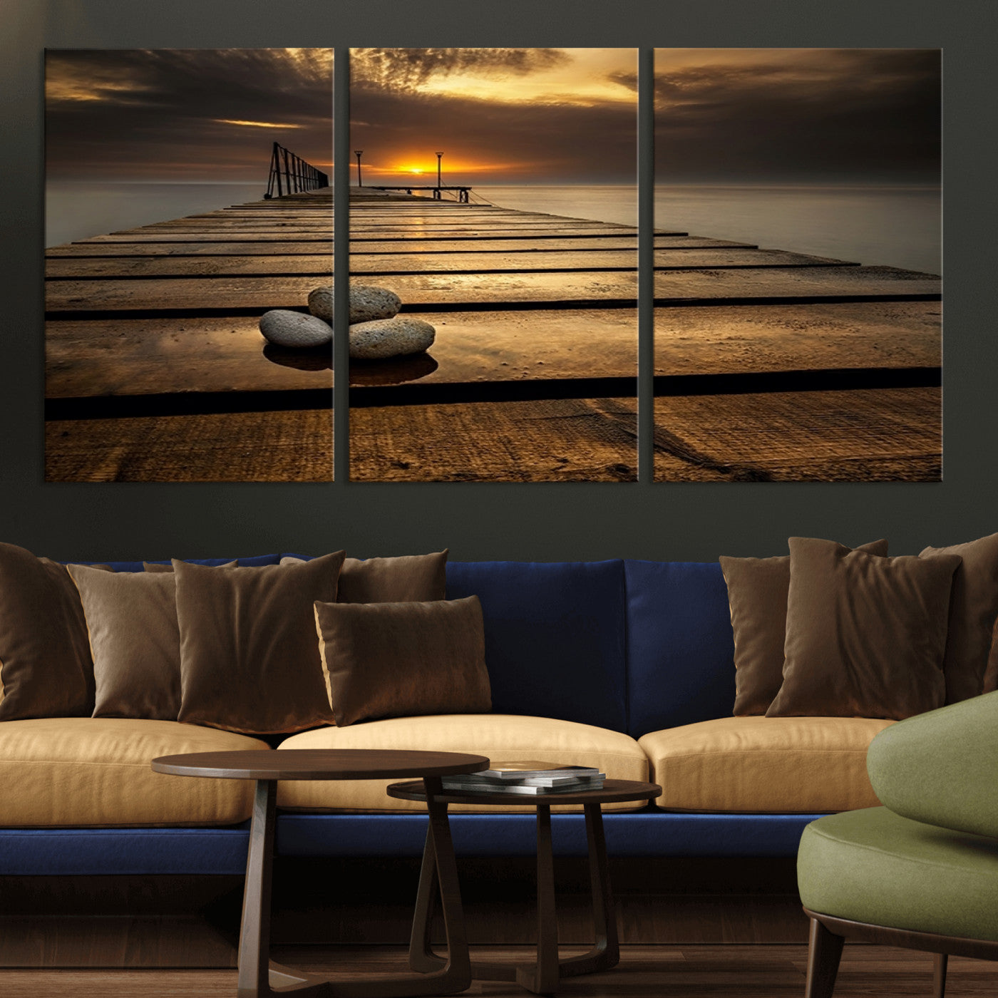 MGV-CV-60X30-3P - Stones on Wooden Pier at Sunset Canvas Print, Serene Coastal Wall Art, Beach Sunset Photography,