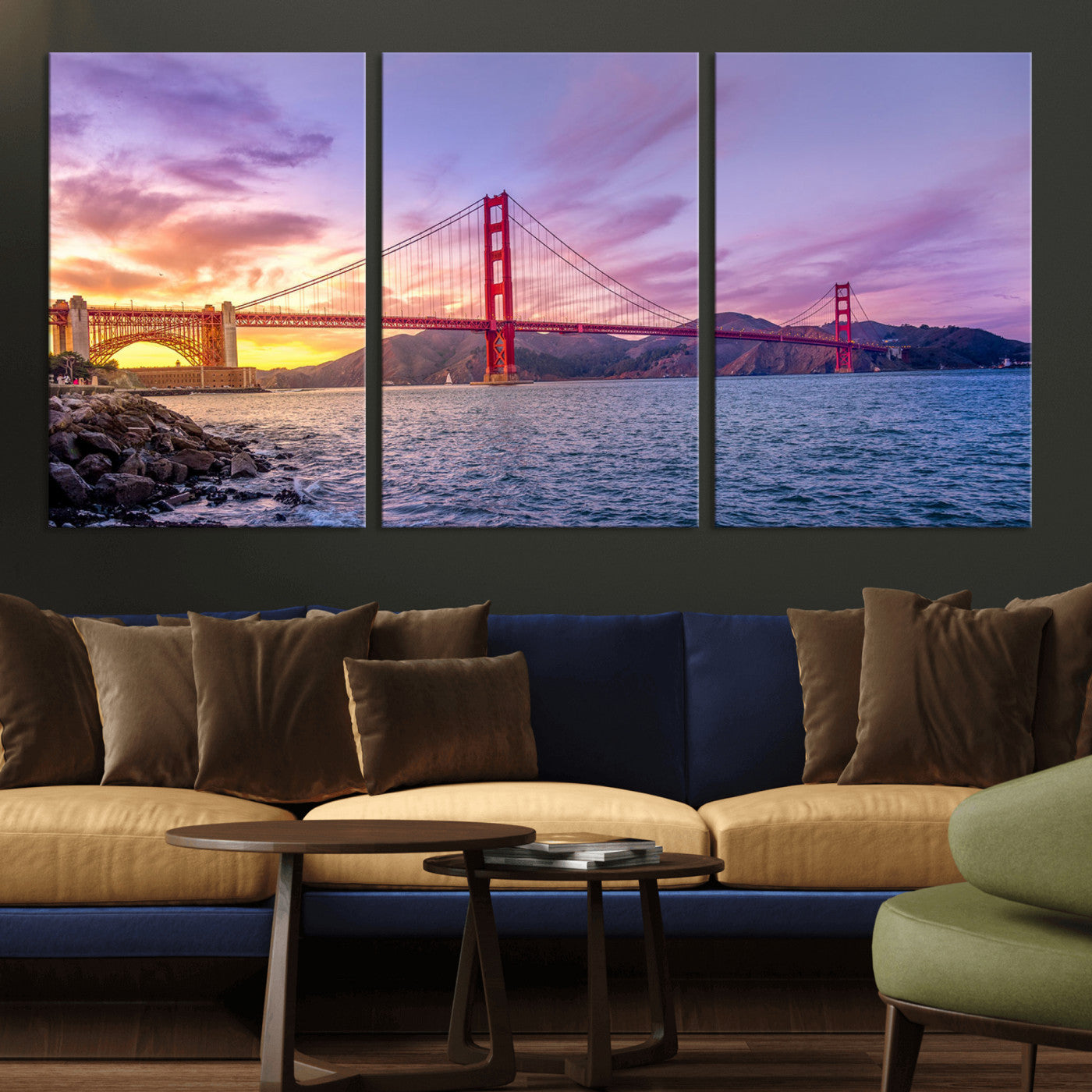 MGV-CV-60X30-3P - Golden Gate Bridge Wall Art Print, San Francisco Sunset Canvas Wall Art, Cityscape Canvas Print for