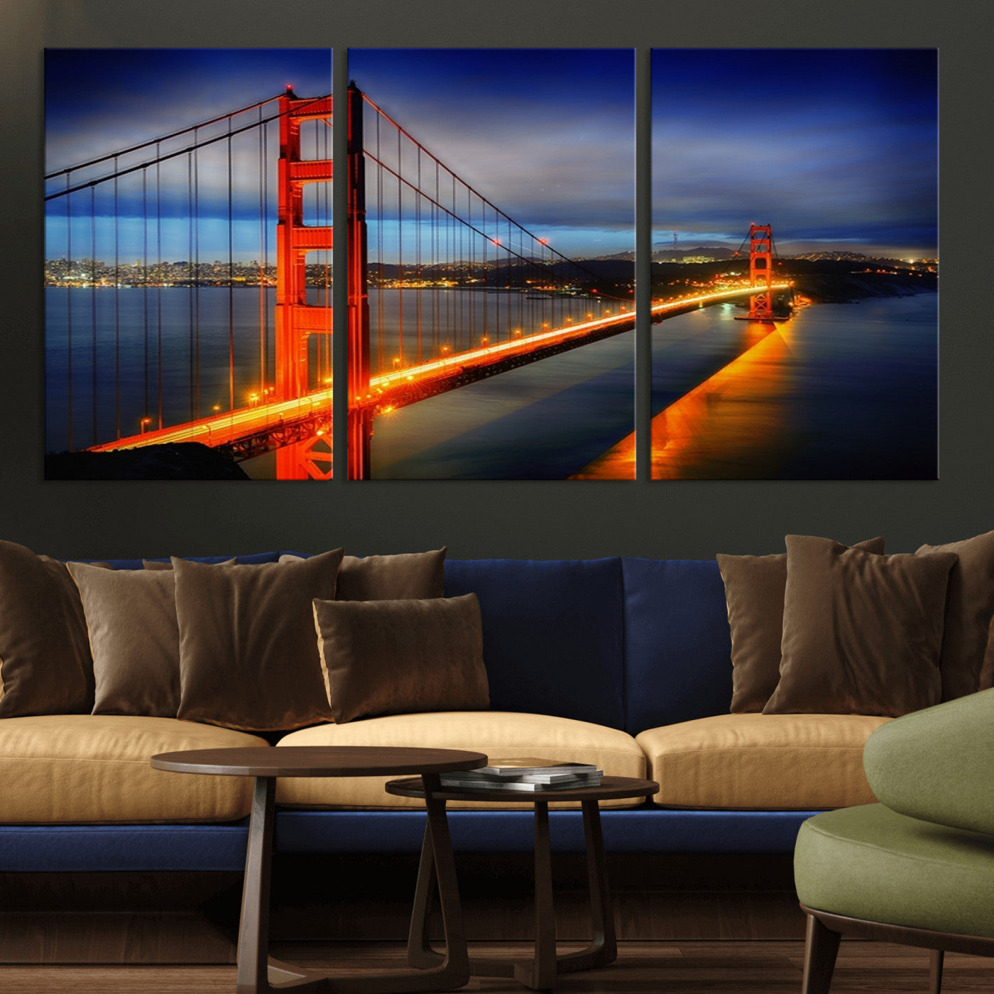 MGV-CV-60X30-3P - Large Wall Art San Francisco Canvas Print - Wonderful Golden Gate Bridge at Twilight