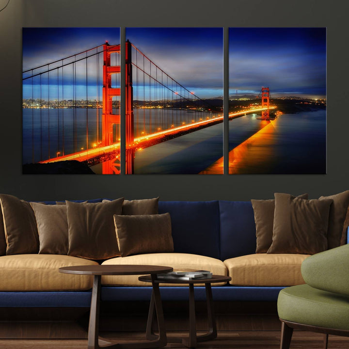 The living room features a large San Francisco canvas art piece—a stunning triptych of the Golden Gate Bridge at twilight, known as the "Large Wall Art San Francisco Canvas Print - Wonderful Golden Gate Bridge at Twilight.