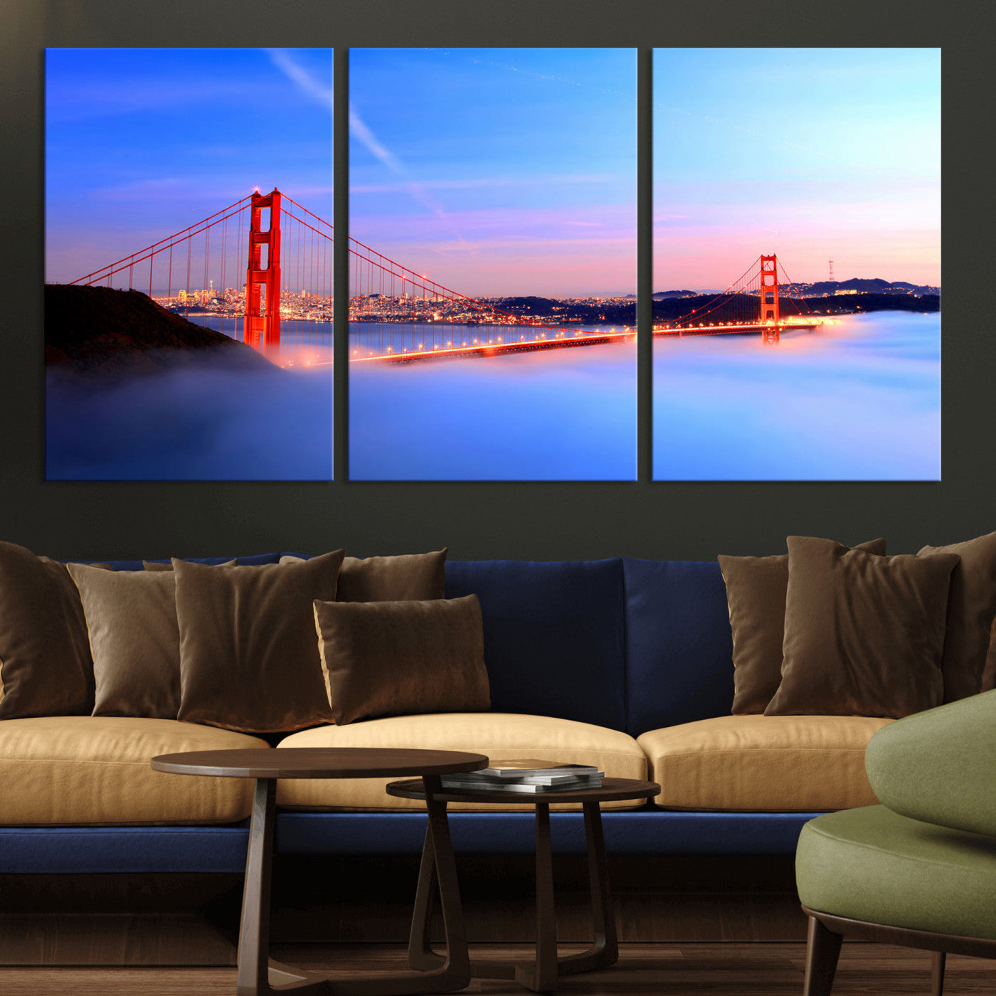 MGV-CV-60X30-3P - Golden Gate Bridge Wall Art Print, San Francisco Sunset Canvas Wall Art, Cityscape Canvas Print for