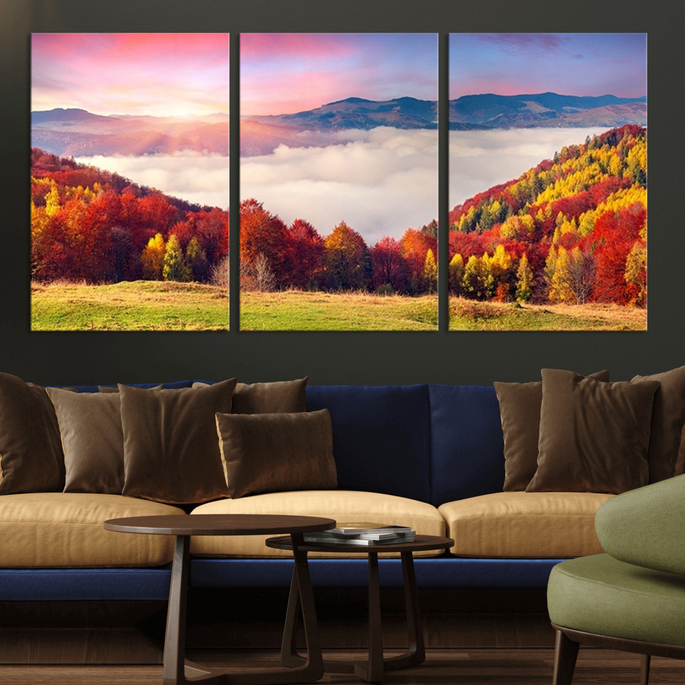 MGV-CV-60X30-3P - Autumn Mountain Foggy Landscape Wall Art Canvas Print | Beautiful Forest Canvas Print | Misty