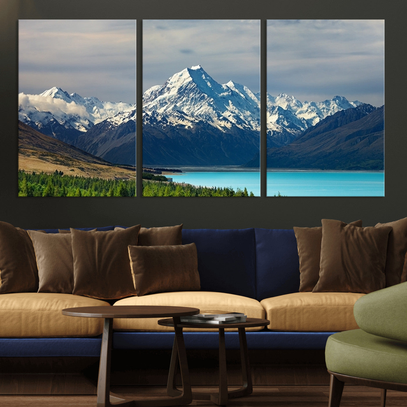 MGV-CV-60X30-3P - Mount Cook and Lake Pukaki Canvas Wall Art Print – Majestic Snow-Capped Peaks and Serene Lake Wall