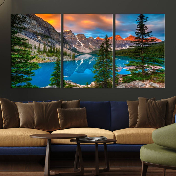 A kitchen featuring a Canadian Rockies Moraine Lake Wall Art Canvas Print displayed on the wall.