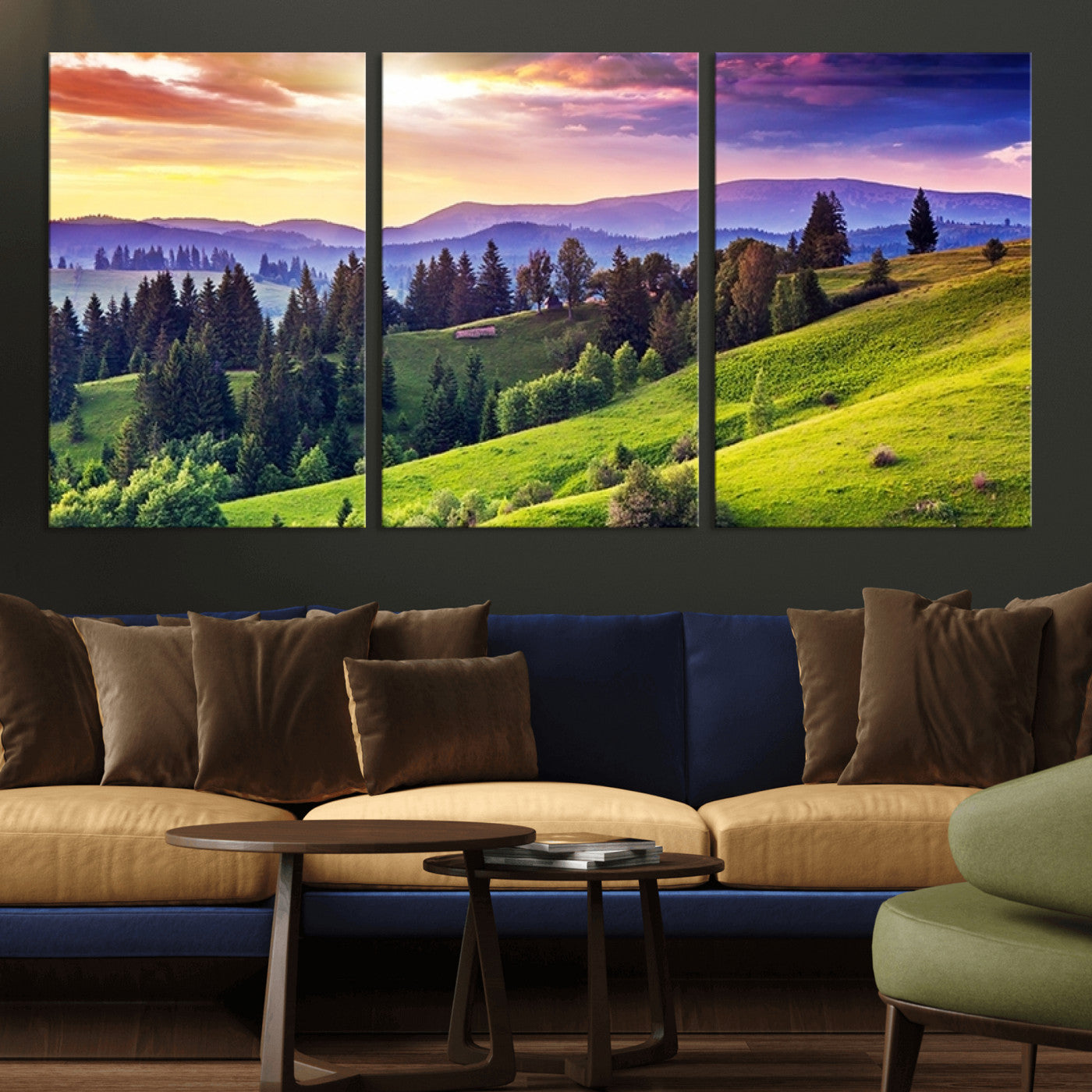 MGV-CV-60X30-3P - Green Hills and Sunset Wall Art Print - Scenic Landscape with Lush Greenery and Vibrant Sky, Ready