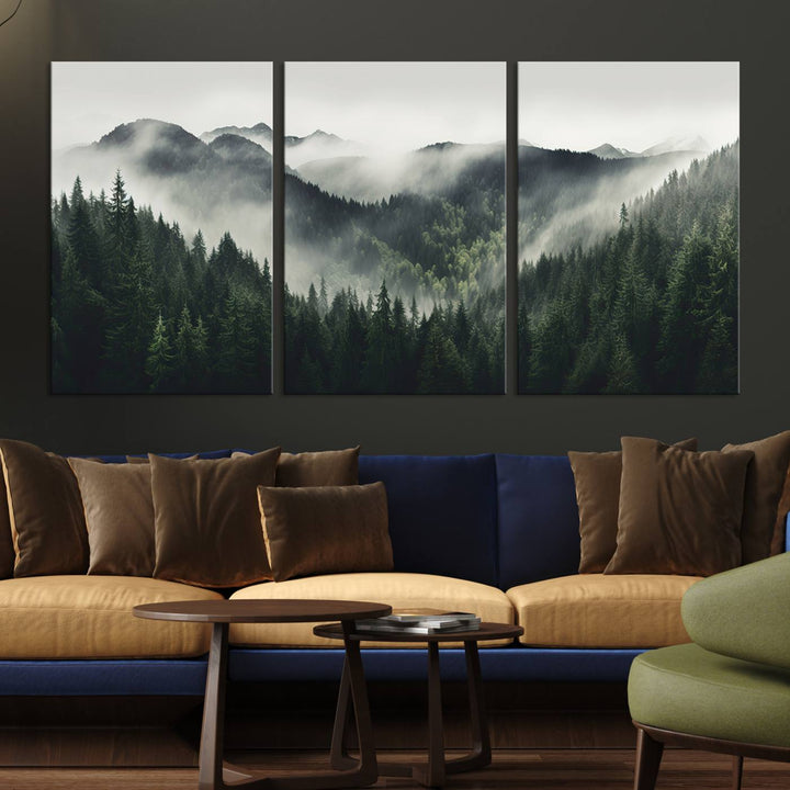 Serene and mystical landscape of misty mountains and dense evergreens, ideal for a Misty Mountain Forest Canvas Wall Art Print.